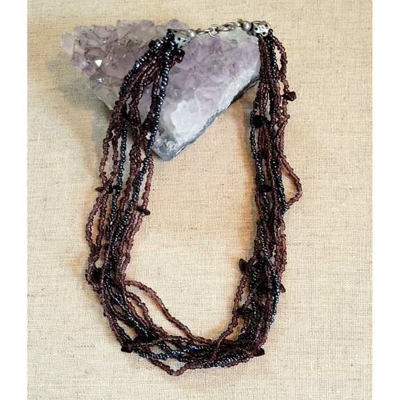 Vintage Deep Purple Amethyst Chip & Seed Bead Choker Multi Strand Necklace - Picture 2 of 8